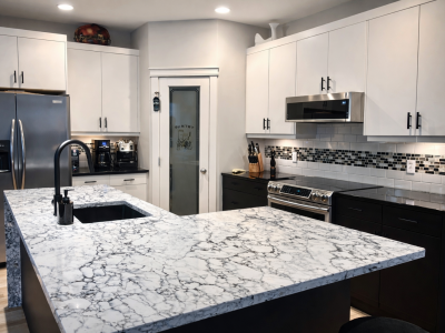 Matte black slab doors, Euro white slab doors, Fir Stone Quartz Q6160