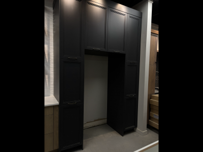 Display Kitchen: Oak and Black,    Counter top: 125’’wide 26’’deep, peninsula: 93 ¼’’wide 39’’deep,  Pantry: 70 ¾’’wide 110’’tall, Fridge: 36’’wide,  Retail Value: $29,240..  Sale Price: $16,000 + Tax..  Includes: Cabinets, Quartz counter tops, Handles, Sink, Cook top, Cabinets accessories. Does not include: Removal from show room, Installation, Aluminum shelf system.